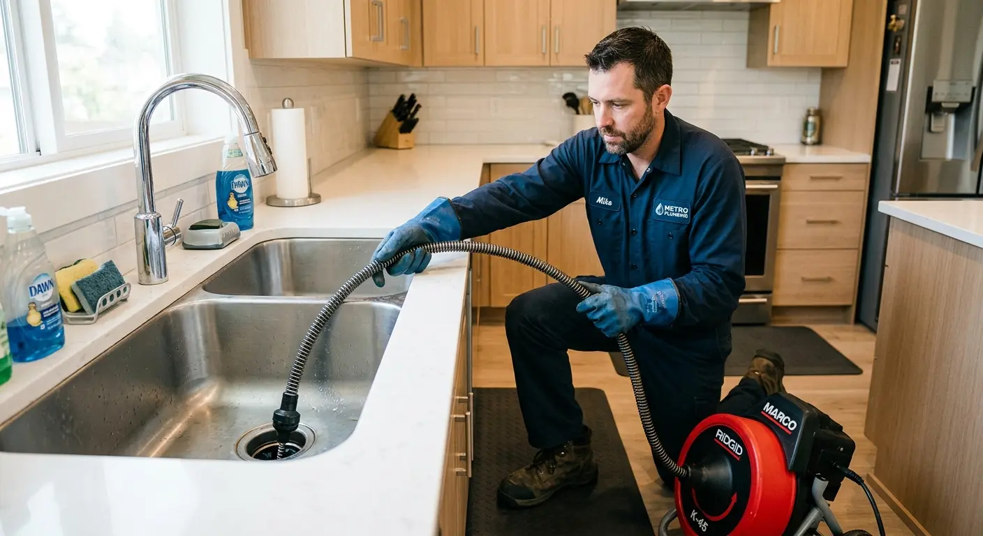 Drain cleaning technician using a motorized snake on a kitchen sink in Palestine