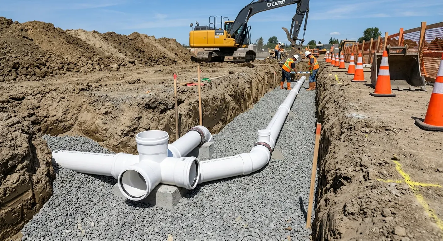 New PVC sewer pipe installation in open trench for Grease Trap Cleaning in Palestine