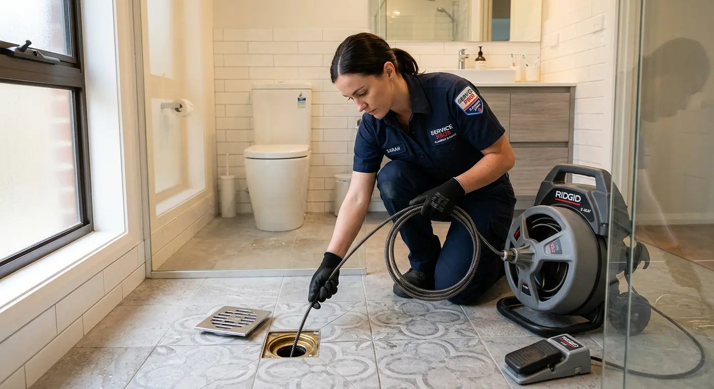 Technician clearing a bathroom floor drain for Drain Cleaning in Palestine